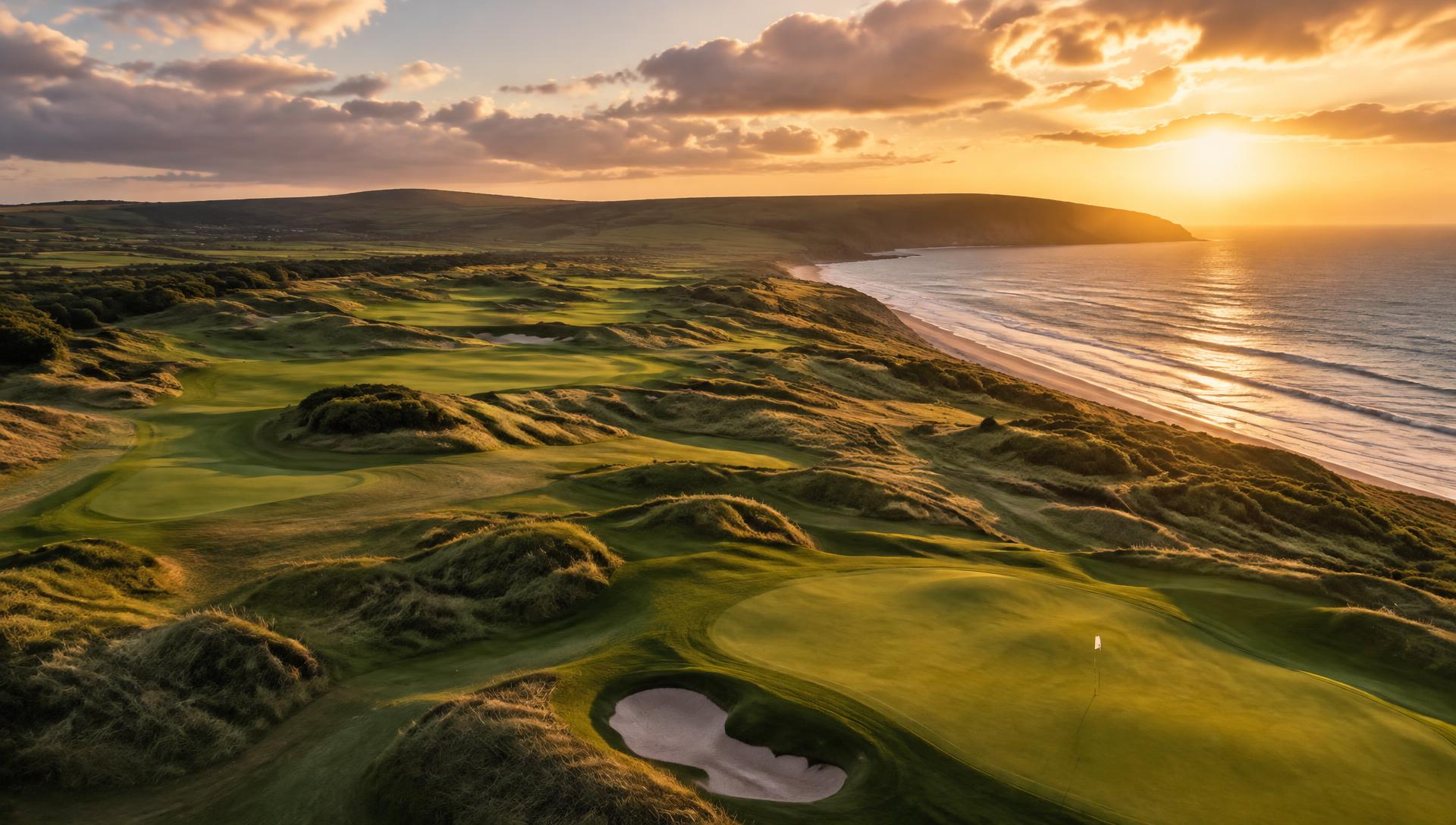 Campo de golf links junto al mar al atardecer